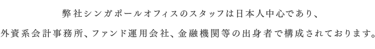 弊社シンガポールスタッフは全員日本人であり、外資系会計事務所、ファンド運用会社、金融機関出身者で構成されております。なお、東京オフィスにて日本でのサポート体制も整っております。